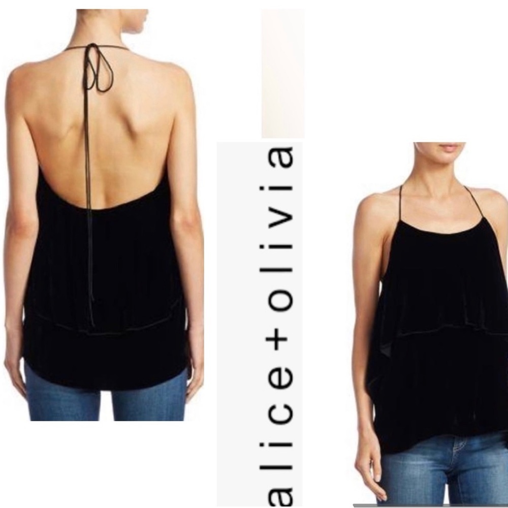 Alice + Olivia Top Womens Marybeth Black Ruffle Velvet halter Camisole M